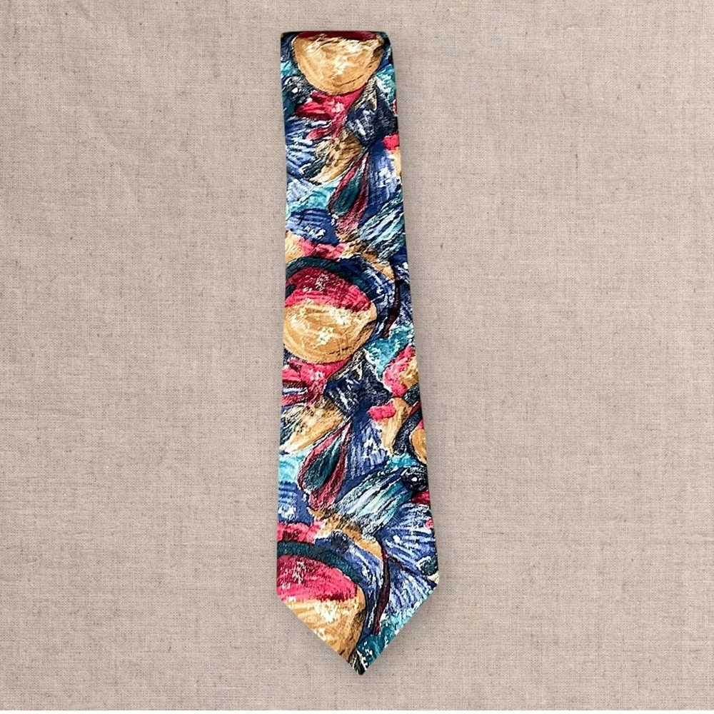 Oscar De La Renta Silk Tie Mens Abstract Blue Red Gold Pattern Designer